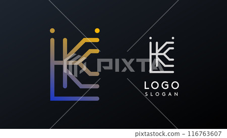 Stylized letter K, tech-inspired typography logo, unique extraterrestrial civilization symbol ancient inscriptions for creative branding, tech logo. Nordic runes monogram, abstract linear logotype 116763607