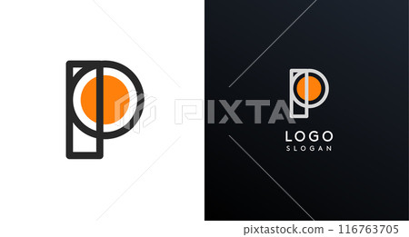 Letter P modern logo featuring geometric shapes, circle and lines. Abstract minimalist logotype for Japanese restaurant branding, tech companies, creative business identities. Vector illustration Letter P modern logo featuring geometric shapes, circle and lines. Abstract minimalist logotype for Japanese restaurant branding, tech companies, creative business identities. Vector illustration 116763705
