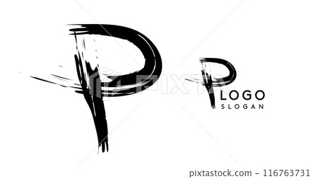 Brushstroke handdrawn letter P. Creative modern logo design, grunge imprint stylish initial logotype for corporate branding, business identity, and professional logos. Vector illustration 116763731