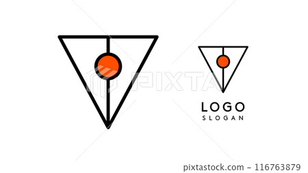 Abstract V letter logo with blue dots, arrow down, pen icon. Minimalist linear symbol for corporate branding, tech startups, security businesses, and game apps. Vector illustration. 116763879