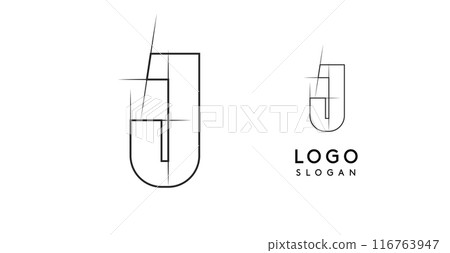 Letter J pencil drawn, architectural blueprint logo design, construction plan, technical drawing. Ideal for corporate branding, industrial projects, engineering firms. Vector illustration 116763947