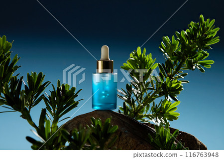 Blue color serum bottle displayed on a log with many green plants around, against the dark blue background with gradient effect. Photo of front angle with empty space for promotional 116763948