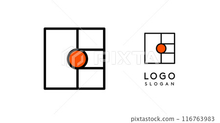 Abstract E letter logo with blue dots. Minimalist linear design, bold and clean letter monogram for corporate branding, tech startups, innovative businesses, and game apps. Vector illustration. 116763983