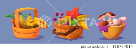 Autumn fruit and vegetable basket with harvest 116764014