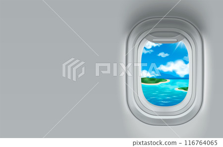 Plane window inside view with island to travel 116764065