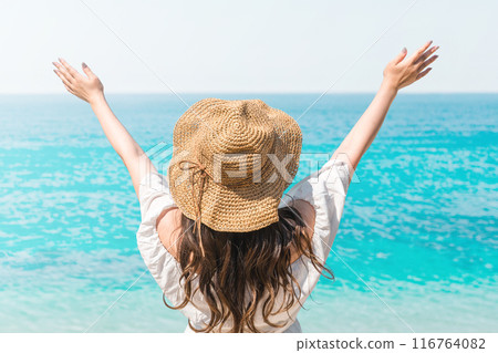 Back view of a young woman raising her arms in the air towards the sea (vacation, summer, resort, tropical, ocean view, overseas travel) Back view of a young woman raising her arms in the air towards the sea (vacation, summer, resort, tropical, ocean view, overseas travel) 116764082