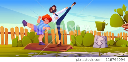 House backyard garden and woman taekwondo cartoon House backyard garden and woman taekwondo cartoon 116764094