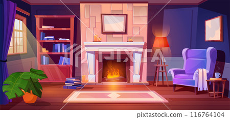 Cozy living room interior with flame in fireplace Cozy living room interior with flame in fireplace 116764104