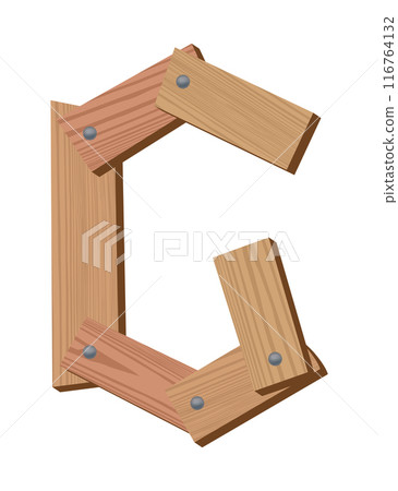 Wooden alphabet font, symbol G. Texture letter isolated on white, vector illustration. Typography typeface made of wooden planks 116764132