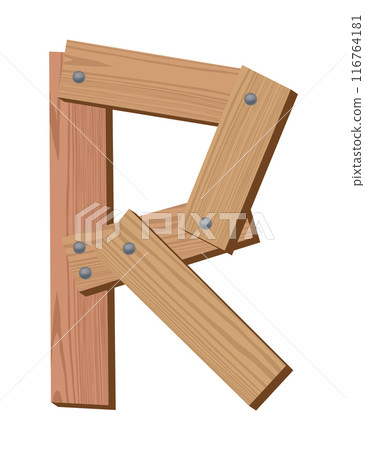 Wooden alphabet font, symbol R. Texture letter isolated on white, vector illustration. Typography typeface made of wooden planks Wooden alphabet font, symbol R. Texture letter isolated on white, vector illustration. Typography typeface made of wooden planks 116764181