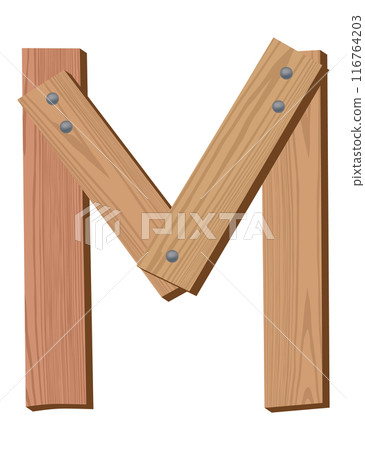 Wooden alphabet font, symbol M. Texture letter isolated on white, vector illustration. Typography typeface made of wooden planks Wooden alphabet font, symbol M. Texture letter isolated on white, vector illustration. Typography typeface made of wooden planks 116764203