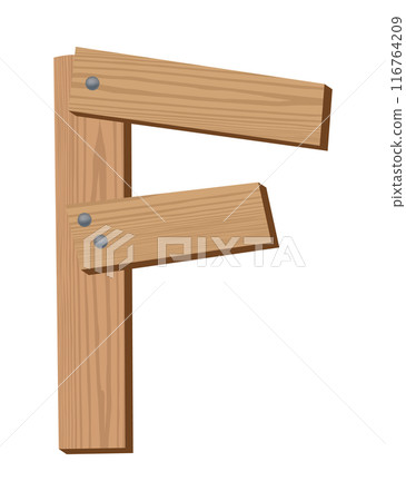 Wooden alphabet font, symbol F. Texture letter isolated on white, vector illustration. Typography typeface made of wooden planks 116764209