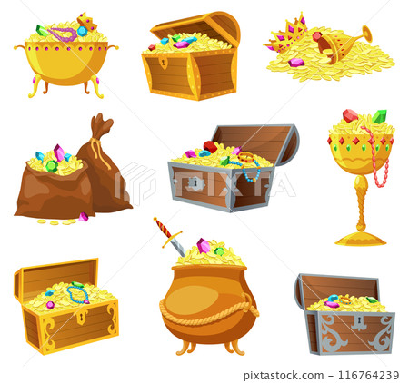 Treasure gold coins. Old sack full of shiny royal gold and gemstones. Chest full of gold treasure, shiny savings. Pot with gold, cauldron with golden coins isolated on white background. Vector icons Treasure gold coins. Old sack full of shiny royal gold and gemstones. Chest full of gold treasure, shiny savings. Pot with gold, cauldron with golden coins isolated on white background. Vector icons 116764239