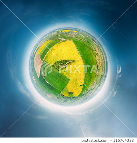 Aerial View Green Countryside Rural forest river Field Meadow Landscape Sunny summer Day. Top View Of Beautiful Nature From High Attitude. Little Small Planet Concept 116764358