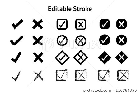 Set of tick check mark icons. Black and white. Sign and symbol vector. Editable Stroke 116764359
