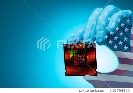 US-China chip war. Semiconductor industry. Geopolitical battleground. Tensions in US-China semiconductor reshape chip stocks and Taiwan's tech landscape, driving innovation amid export restrictions. 116764503