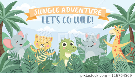 Jungle Adventure zoo. Childrens animals, safari background. Cute animals in the jungle. Illustration in flat style, invitation, postcard Jungle Adventure zoo. Childrens animals, safari background. Cute animals in the jungle. Illustration in flat style, invitation, postcard 116764569