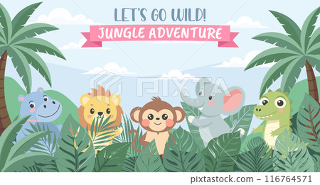 Jungle Adventure zoo. Childrens animals, safari background. Cute animals in the jungle. Illustration in flat style, invitation, postcard 116764571