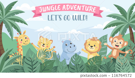 Jungle Adventure zoo. Childrens animals, safari background. Cute animals in the jungle. Illustration in flat style, invitation, postcard Jungle Adventure zoo. Childrens animals, safari background. Cute animals in the jungle. Illustration in flat style, invitation, postcard 116764572
