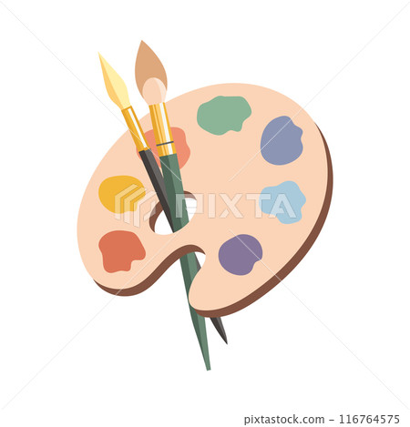 Palette with paints of different colors with brushes for painting. Top view of artist's tools isolated on white. Symbol, design element Palette with paints of different colors with brushes for painting. Top view of artist's tools isolated on white. Symbol, design element 116764575
