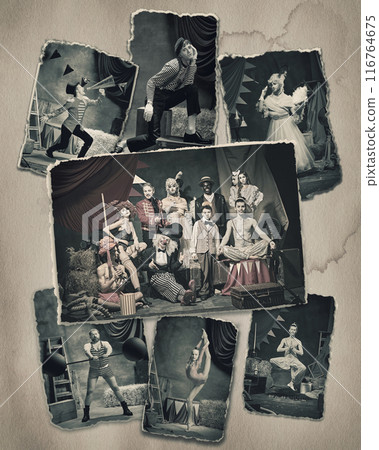 Vintage-style collage of circus performers, featuring sepia-toned photos of acrobats, clowns, strongman, and bearded lady. Nostalgic and enchanting atmosphere Vintage-style collage of circus performers, featuring sepia-toned photos of acrobats, clowns, strongman, and bearded lady. Nostalgic and enchanting atmosphere 116764675