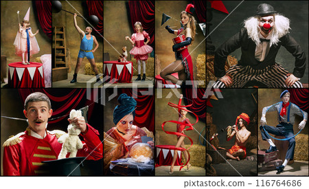 Creative collage displaying talented people acting in circus, acrobat, strongman, performers with props, and classic clowns, magicians. Playful and magical vibe 116764686