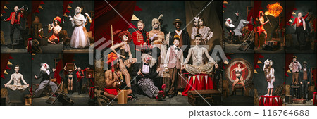 Vibrant circus collage with various talented performers in stage costumes. Clowns, acrobats, musicians, yogi on dark vintage background. Vibrant circus collage with various talented performers in stage costumes. Clowns, acrobats, musicians, yogi on dark vintage background. 116764688
