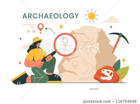 Archaeology Vector Illustration featuring an Archaeological Excavation of Ancient Ruins, Artifacts, and Dinosaur Fossils in a Flat Cartoon Background 116764696