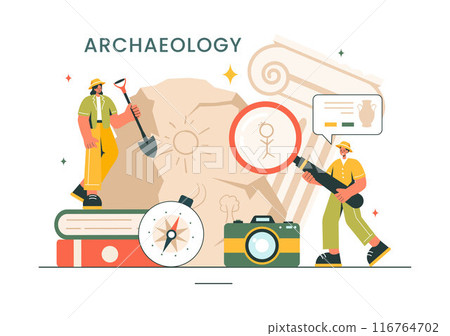 Archaeology Vector Illustration featuring an Archaeological Excavation of Ancient Ruins, Artifacts, and Dinosaur Fossils in a Flat Cartoon Background 116764702