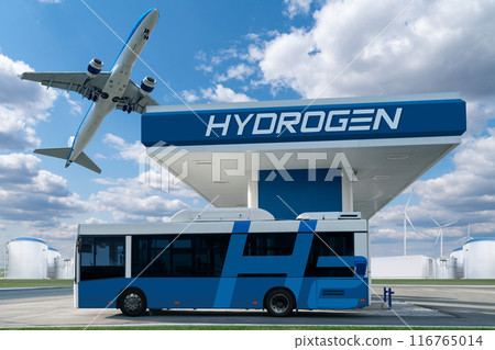 Fuel cell bus at the hydrogen filling station and airplane in the sky. Clean mobility concept. 116765014
