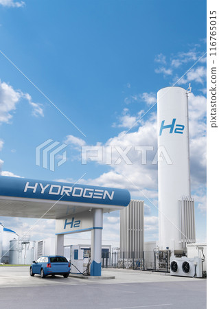 Fuel cell car at the hydrogen filling station. Concept Fuel cell car at the hydrogen filling station. Concept 116765015