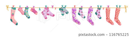 Clothesline socks. Socks on a rope, Baby socks with patterns vector cartoon. 116765225
