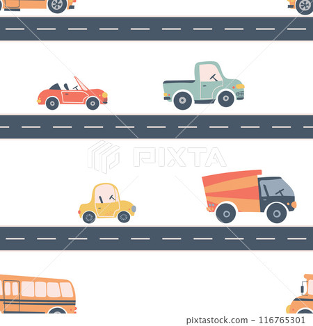 Kids seamless pattern with car, bus and road. Perfect for fabric , digital paper, cards. Kids seamless pattern with car, bus and road. Perfect for fabric , digital paper, cards. 116765301