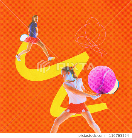 Poster. Contemporary art collage. Young woman hitting ball with action line to opponent against vibrant background. textured effect. Poster. Contemporary art collage. Young woman hitting ball with action line to opponent against vibrant background. textured effect. 116765334