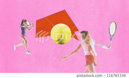 Poster. Contemporary art collage. Young female tennis players during game in motion against pink background with speech bubble. Textured effect. 116765336