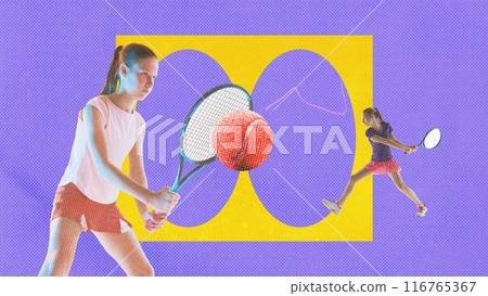 Poster. Contemporary art collage. Focused on game, tennis athlete swings ball in motion against background with geometric figures. Textured effect. 116765367