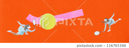 Banner. Contemporary art collage. Two female tennis players dive for ball in dramatic action shot. Textured effect. Banner. Contemporary art collage. Two female tennis players dive for ball in dramatic action shot. Textured effect. 116765398
