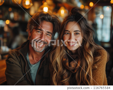 Couple Sitting Together and Smiling In Cafe. Generative AI 116765584