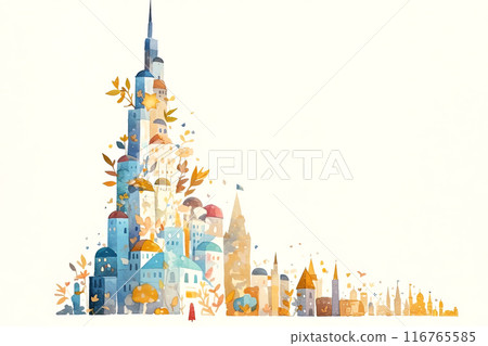 Enchanting watercolor illustration of a whimsical cityscape merging autumn hues 116765585