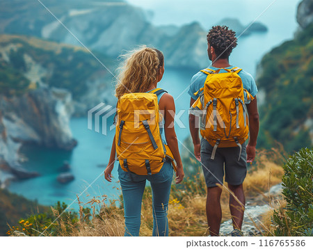 Couple Hiking With Backpacks by the Ocean. Generative AI 116765586