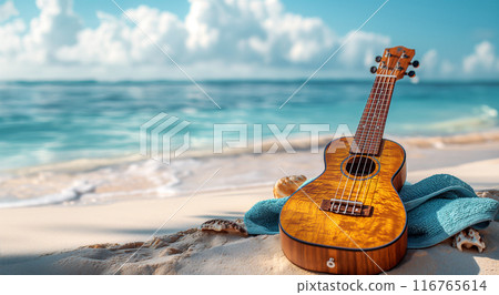 Ukulele On A Tropical Beach with Copyspace. Generative AI 116765614