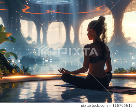 Woman Meditating in Futuristic Cityscape. Generative AI 116765615