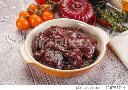 Raw beef liver slices for cooking Raw beef liver slices for cooking 116765744