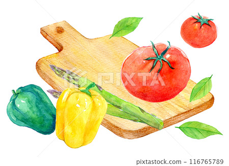 新鮮蔬菜和切板烹飪水彩插圖 116765789