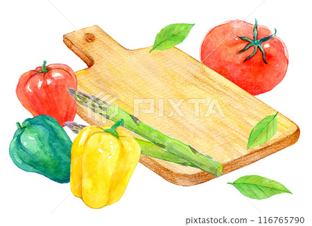 Fresh vegetables and cutting board Cooking watercolor illustration 116765790