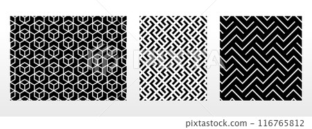 Geometric set of seamless black and white patterns. Simple vector graphics. 116765812