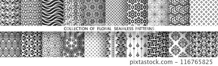 Geometric floral set of seamless patterns. White and black vector backgrounds. Damask graphic ornaments. 116765825