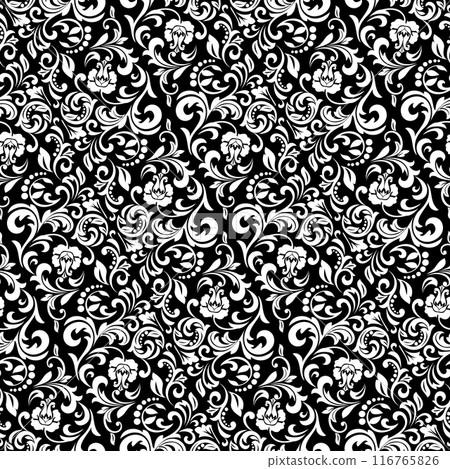 Wallpaper in the style of Baroque. Seamless vector background. White and black floral ornament. Graphic pattern for fabric, wallpaper, packaging. Ornate Damask flower ornament. Wallpaper in the style of Baroque. Seamless vector background. White and black floral ornament. Graphic pattern for fabric, wallpaper, packaging. Ornate Damask flower ornament. 116765826