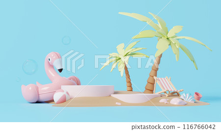3D render, summer scene with podium for showing product and advertisement, summer background with pink inflatable flamingo and beach on blue background. 3D render, summer scene with podium for showing product and advertisement, summer background with pink inflatable flamingo and beach on blue background. 116766042