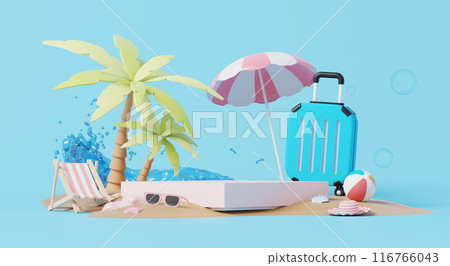 3D render, podium display on sand beach decorate with suitcase, sea, umbrella in summer concept on blue background. 3D render, podium display on sand beach decorate with suitcase, sea, umbrella in summer concept on blue background. 116766043